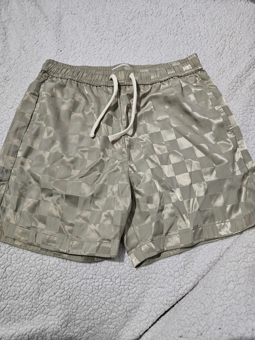 Shiny Checkerboard Drawstring Shorts in Light Olive